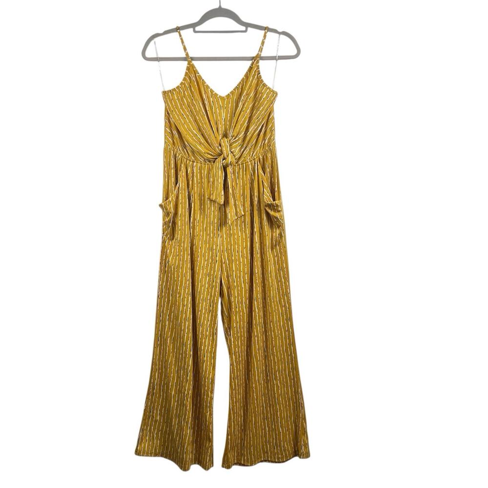 NWT  Striped Wide Leg Entro Jumpsuit Small Mustard Spaghetti Strap Tie Front